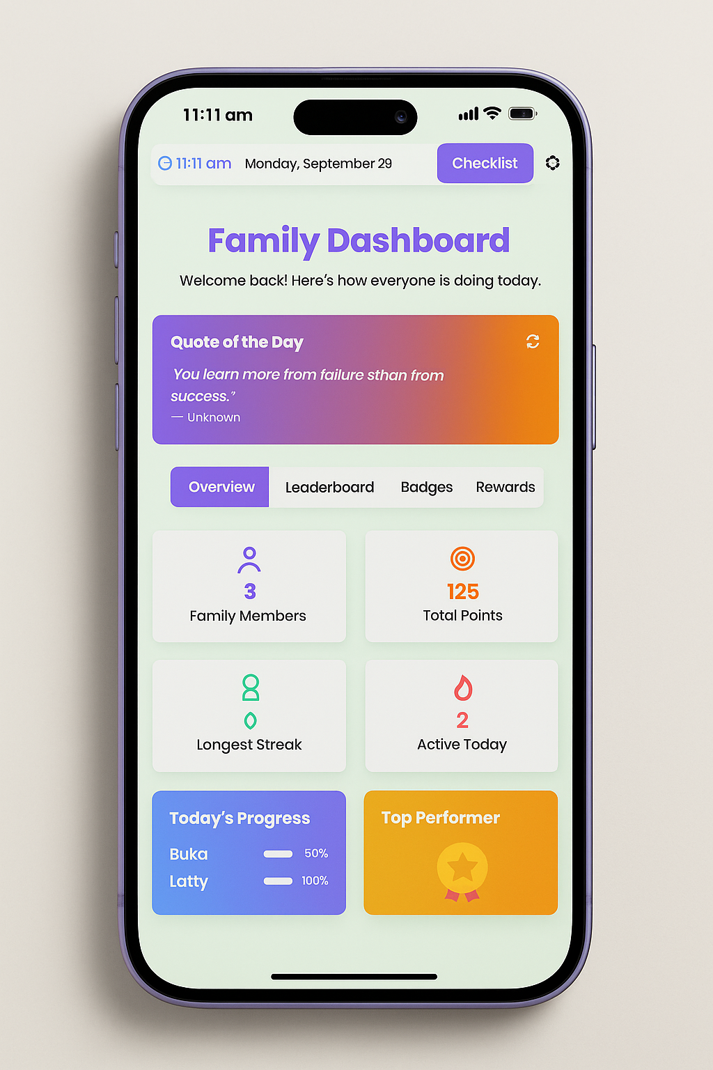Family dashboard showing each child's progress