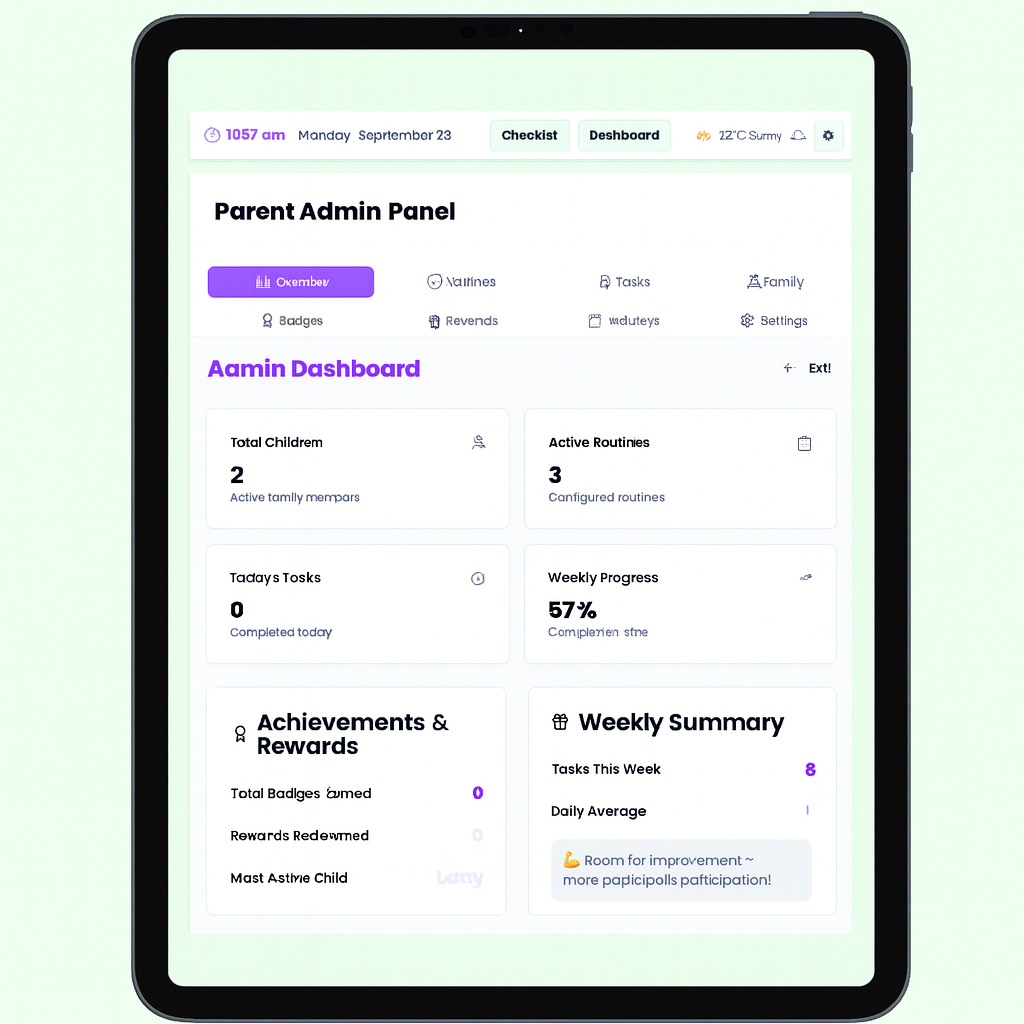 Parent admin panel for managing tasks, rewards and settings